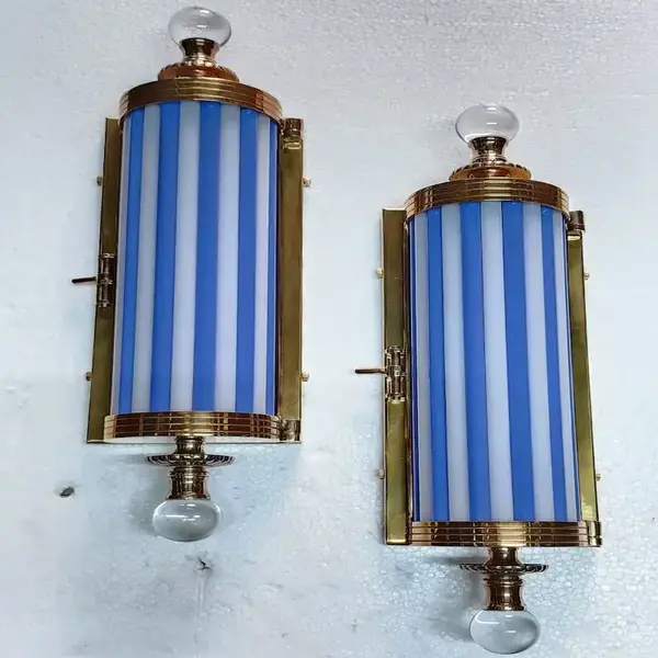 Pair Vintage Art Deco Brass Wall Sconces – Milk Blue Glass Rod Antique Metro Light Lamps