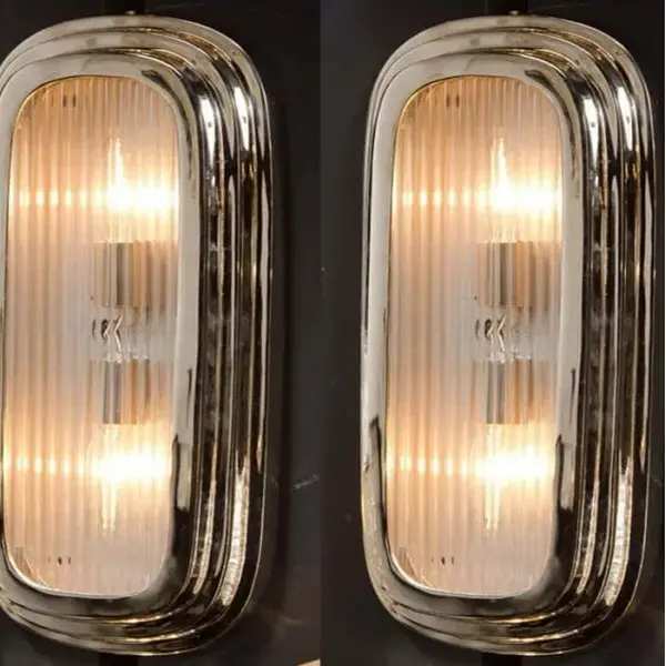 Pair Vintage Art Deco Wall or Ceiling Sconces – Nickel Brass & Glass Rod Ship Light Lamps