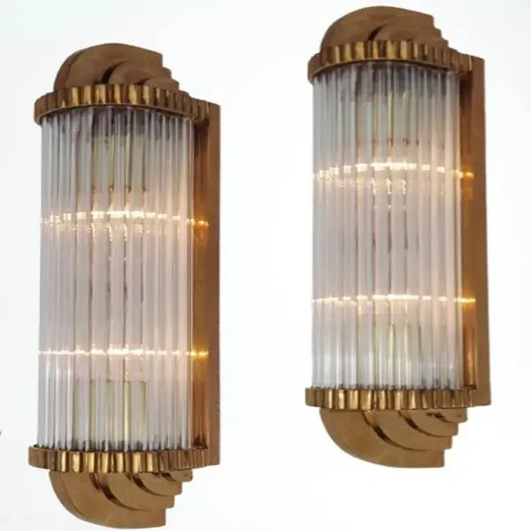 Pair Skyscraper Vintage Art Deco Wall Sconces – Brass & Glass Rod Old Ship Light Antique Lamp Fixture