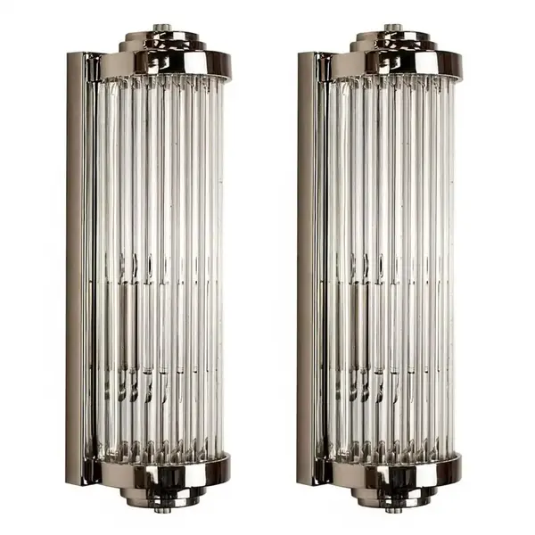 Pair of Skyscraper Vintage Art Deco Nickel & Brass Wall Sconces with Glass Rods | 15-Inch Antique Ship Light Fixtures