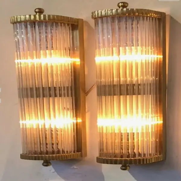 Pair of Vintage Art Deco Brass Wall Sconces with Glass Rods – Antique Ship Light Fixtures