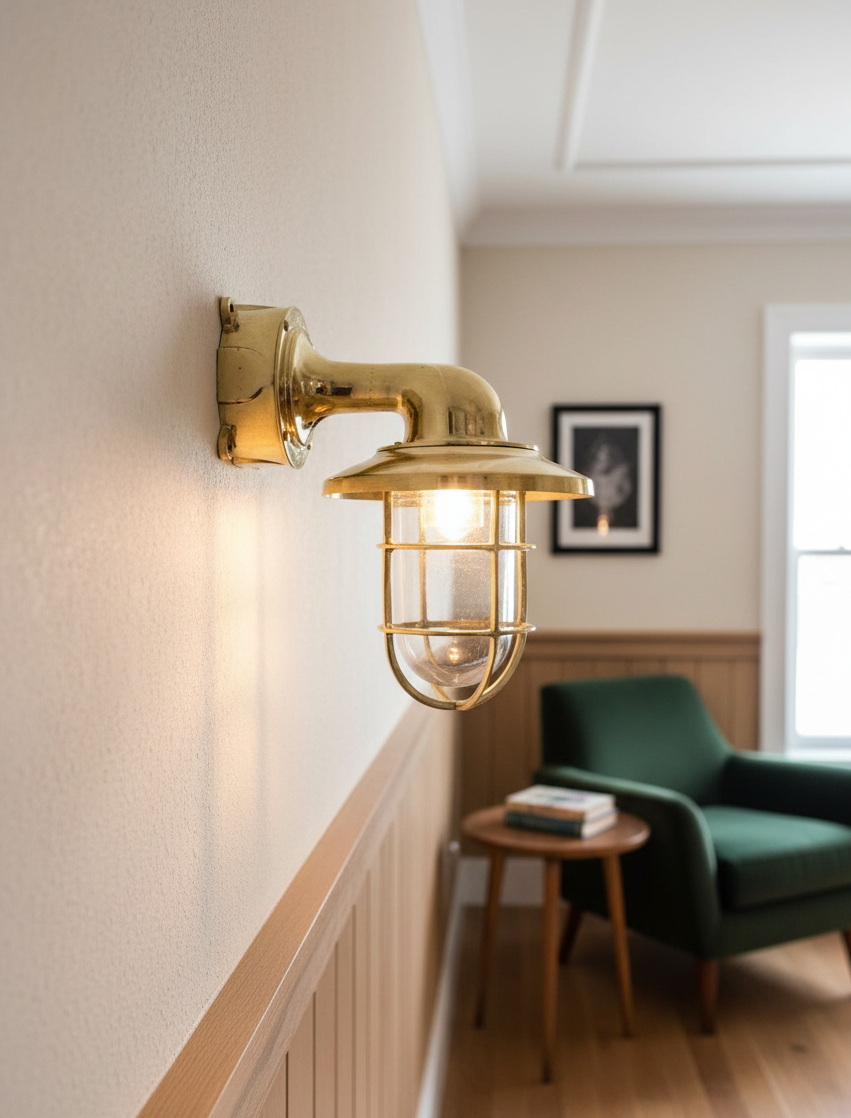 Generated Image September 22, 2025 - 10_03PM Polished brass swan neck bulkhead wall light with glass shade and protective cage – nautical industrial wall sconce