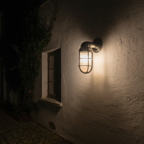 Aluminium bulkhead wall sconce with frosted white glass shade and protective cage – nautical industrial wall light for indoor and outdoor use.