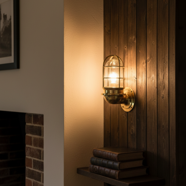 Oceanic solid brass bulkhead sconce with glass dome shade and protective cage – nautical vintage marine wall light.