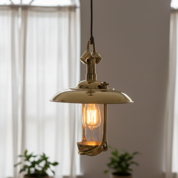 Industrial marine brass ceiling cargo light with polished dome shade and glass housing, vintage nautical hanging fixture.V