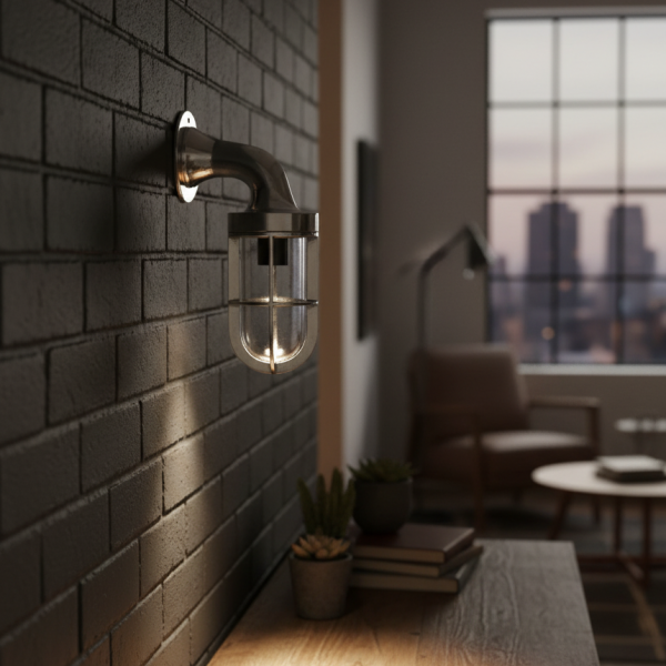 marine bulkhead wall light with protective cage and clear glass cover, nautical industrial style lamp for boats, ships, and home décor