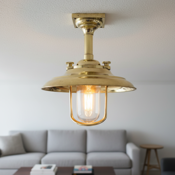 Solid brass marine table lamp with polished finish, 13-inch nautical oil lamp style vintage light fixture with clear glass dome and pedestal base.
