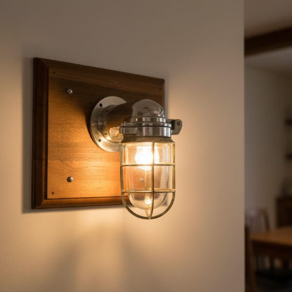 Chrome nautical bulkhead wall light with glass cage and wooden base – vintage industrial marine wall sconce