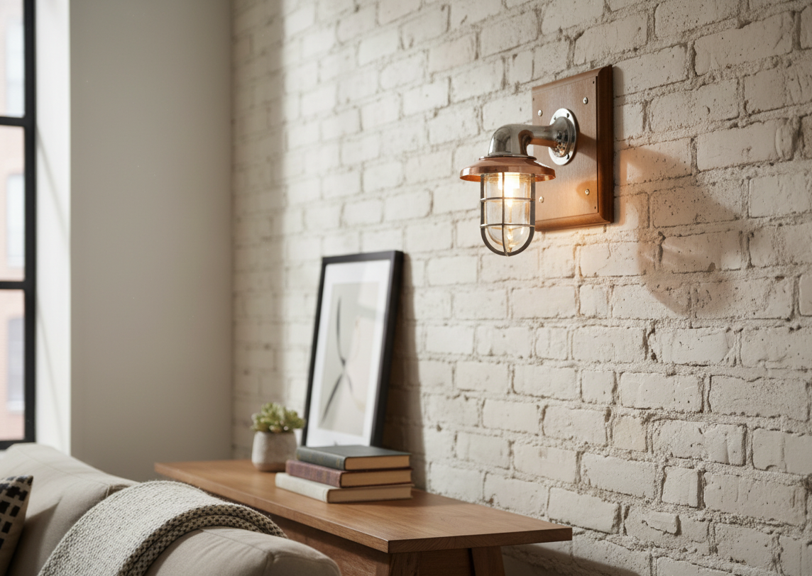 Generated Image September 22, 2025 - 7_39PM Vintage nautical wall light with copper top, chrome cage, and glass cover mounted on wooden base – marine bulkhead wall sconce