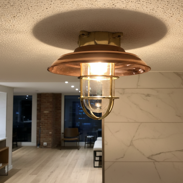 Brass bulkhead ceiling light with copper shade and glass cage, mounted on junction box – nautical deco ceiling fixture