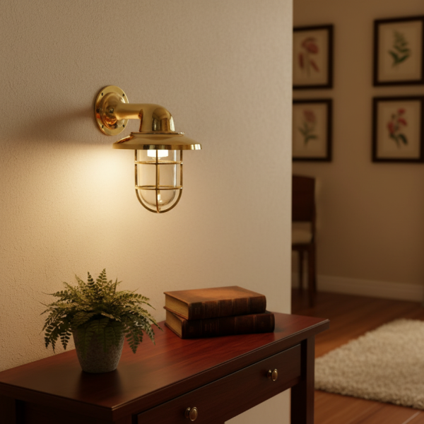 Brass nautical wall light with protective cage and clear glass dome, vintage marine bulkhead sconce fixture, 12-inch tall polished brass lamp.