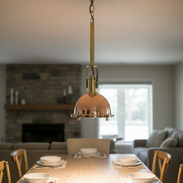 Brass and copper pendant light fixture, industrial nautical ceiling hanging lamp with polished brass frame and copper dome shade, 21-inch tall.