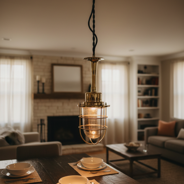 Brass ceiling pendant light with protective cage and clear glass dome, nautical industrial hanging fixture, 16.5 inches tall.