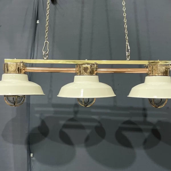 Vintage Nautical Triple Brass Ceiling Pendant with White Enamel Shades & Protective Cages
