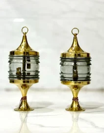 Pair of Antique Brass Nautical Electric Lanterns – Vintage Glass Ship Marine Lights
